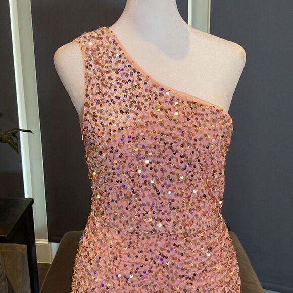 Women’s One Shoulder Pink Sequined Formal Prom Dress Long Leg Slit Size S NWOT - Picture 3 of 11